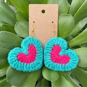 Handmade Crochet Heart Teal Pink Two -Tone Earrings Valentine’s Day Jewelry